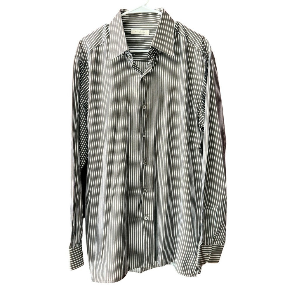 Ermenegildo Zegna Mens XL Brown Blue Striped Cotton Button Down Shirt Italy